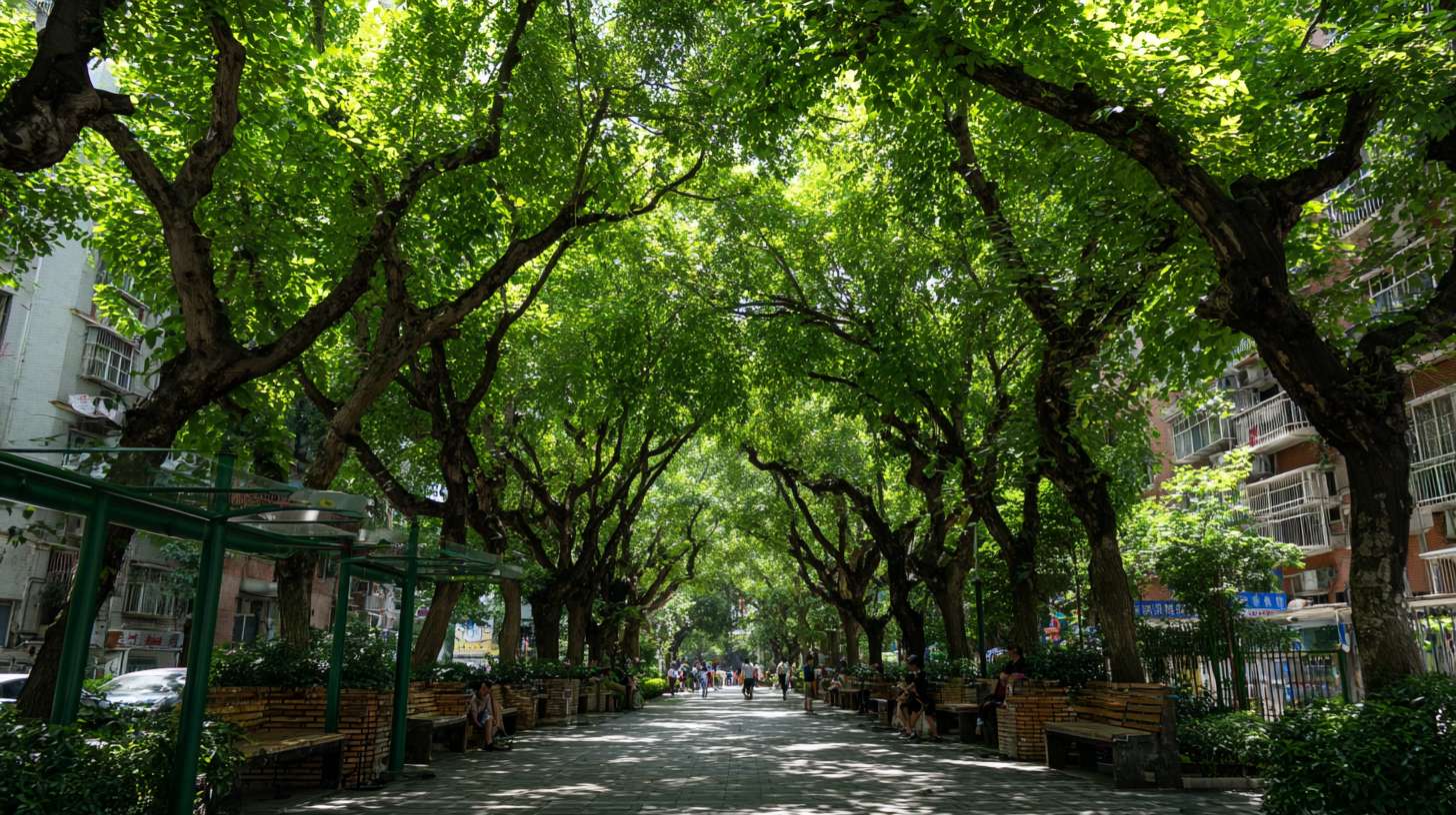 郁郁葱葱的行道树、小区内的绿荫、市民在树下休憩。新小区近景 --ar 16:9 --v 7 --stylize 100 --fast --no 水印