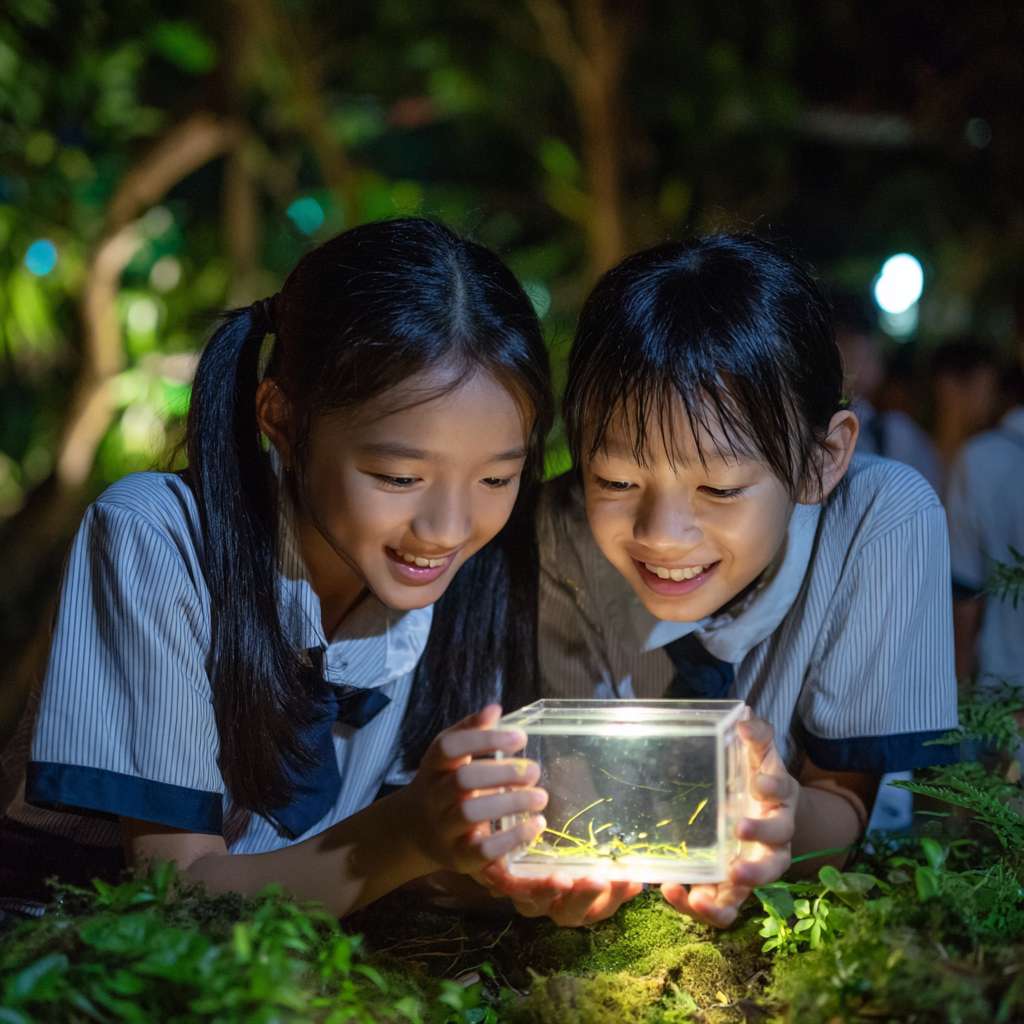 有2位穿著校服的華人小學生開心的表情雙手托起一個螢火蟲的正方體透明小盒子，盒子內的螢火蟲在青苔上發光 --ar 1:1 --v 7 --stylize 100 --fast --no 水印