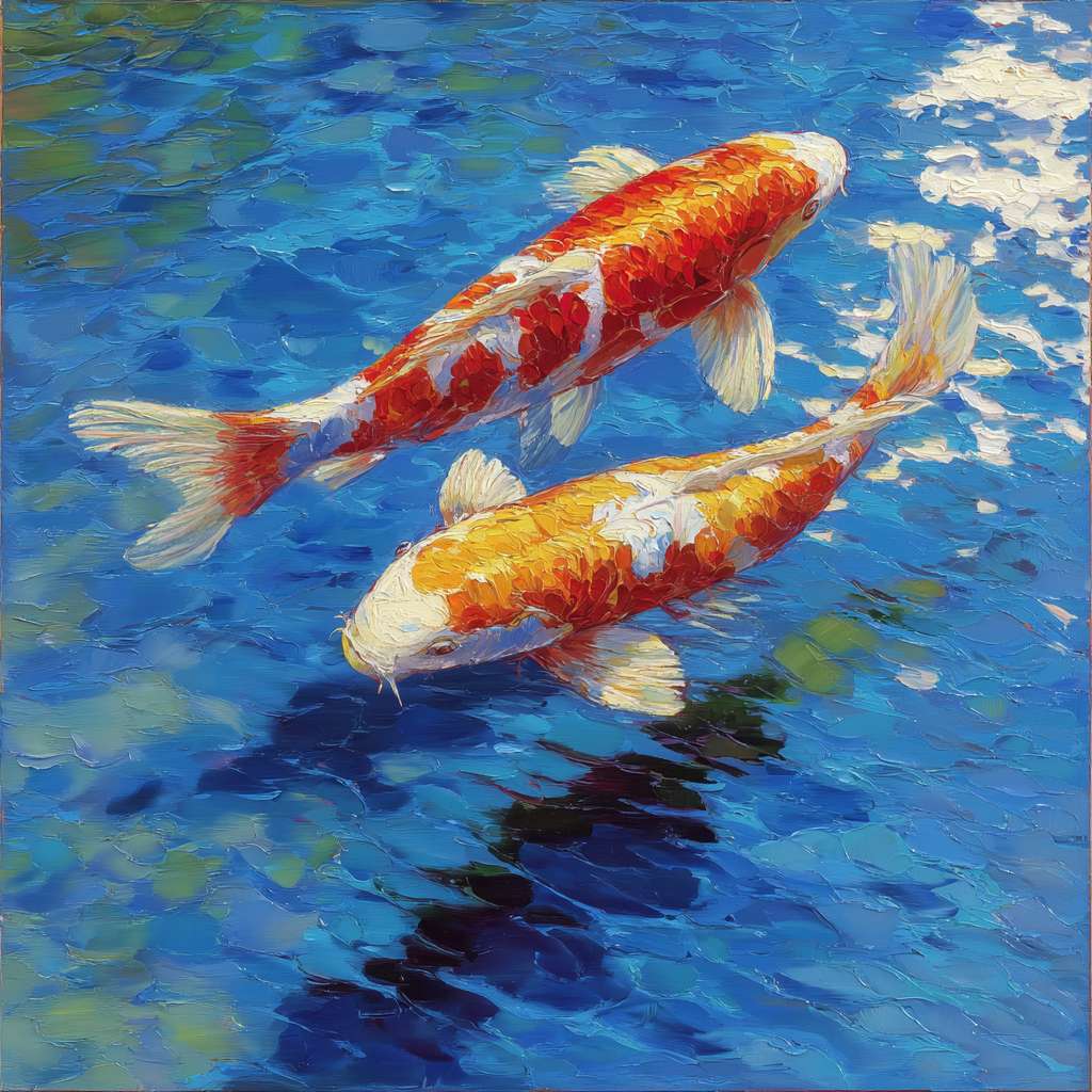 Surreal koi swimming in blue water with light ripples, thick brushwork for waves, thin strokes for iridescence, oil. --ar 1:1 --v 7 --stylize 100 --fast