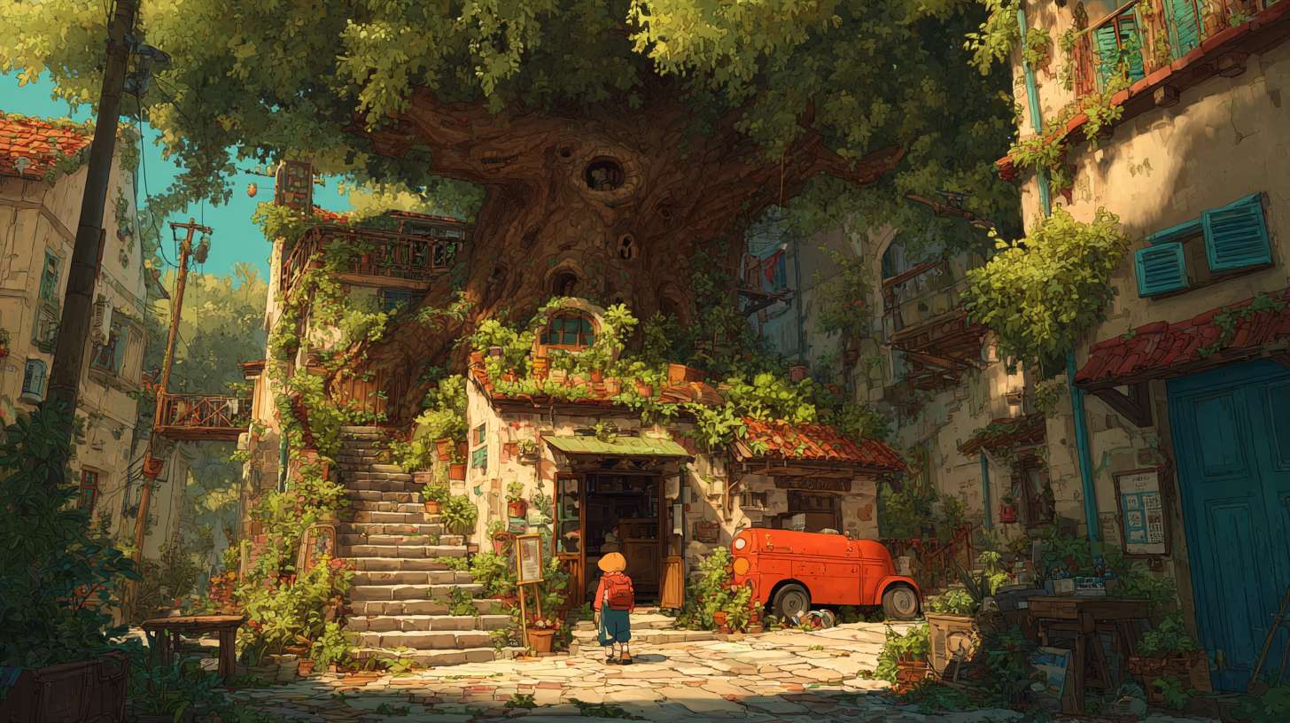 小区内的绿荫，有一颗大树动画片风格 --ar 16:9 --v 7 --stylize 100 --fast --no 水印