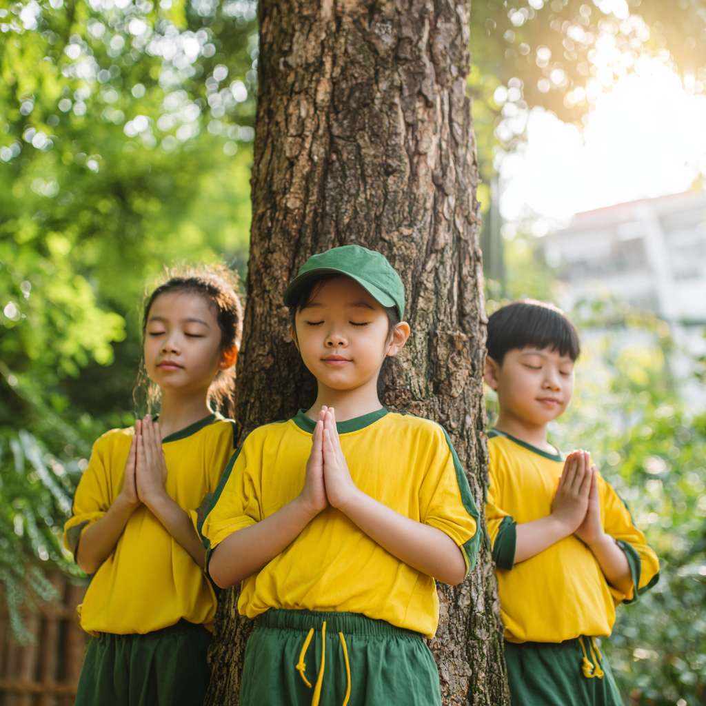 三位大約十至十一歲的小學生圍繞著一棵大樹，雙手輕觸樹幹，閉上眼睛感受大自然的氣息。陽光穿過樹葉灑下，光線柔和自然，背景是森林或公園環境，氣氛平靜、溫暖、真實。真實攝影風格，運動服整潔，構圖自然，他們穿著整齊的運動服，環抱著大樹，並脫掉帽子 --ar 1:1 --v 7 --stylize 100 --fast --no 水印