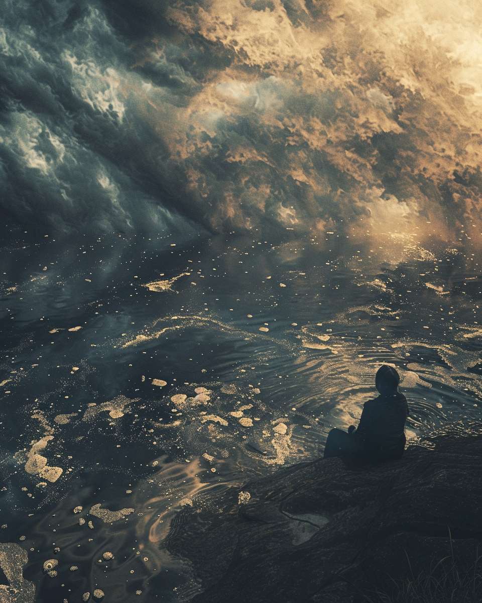 A person sitting on riverbank with turbulent water reflecting storm clouds, while their shadow reflects stars, no text, dual-tone illustration --ar 4:5 --v 6 --stylize 100 --fast