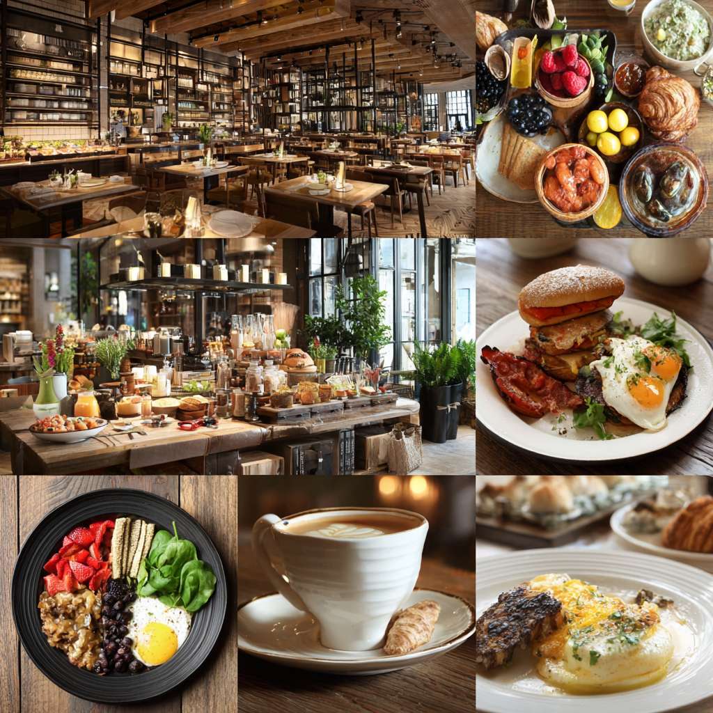 帮设计五张真实酒店餐厅早餐宣传实拍照片 --ar 1:1 --v 7 --stylize 100 --fast --no 水印