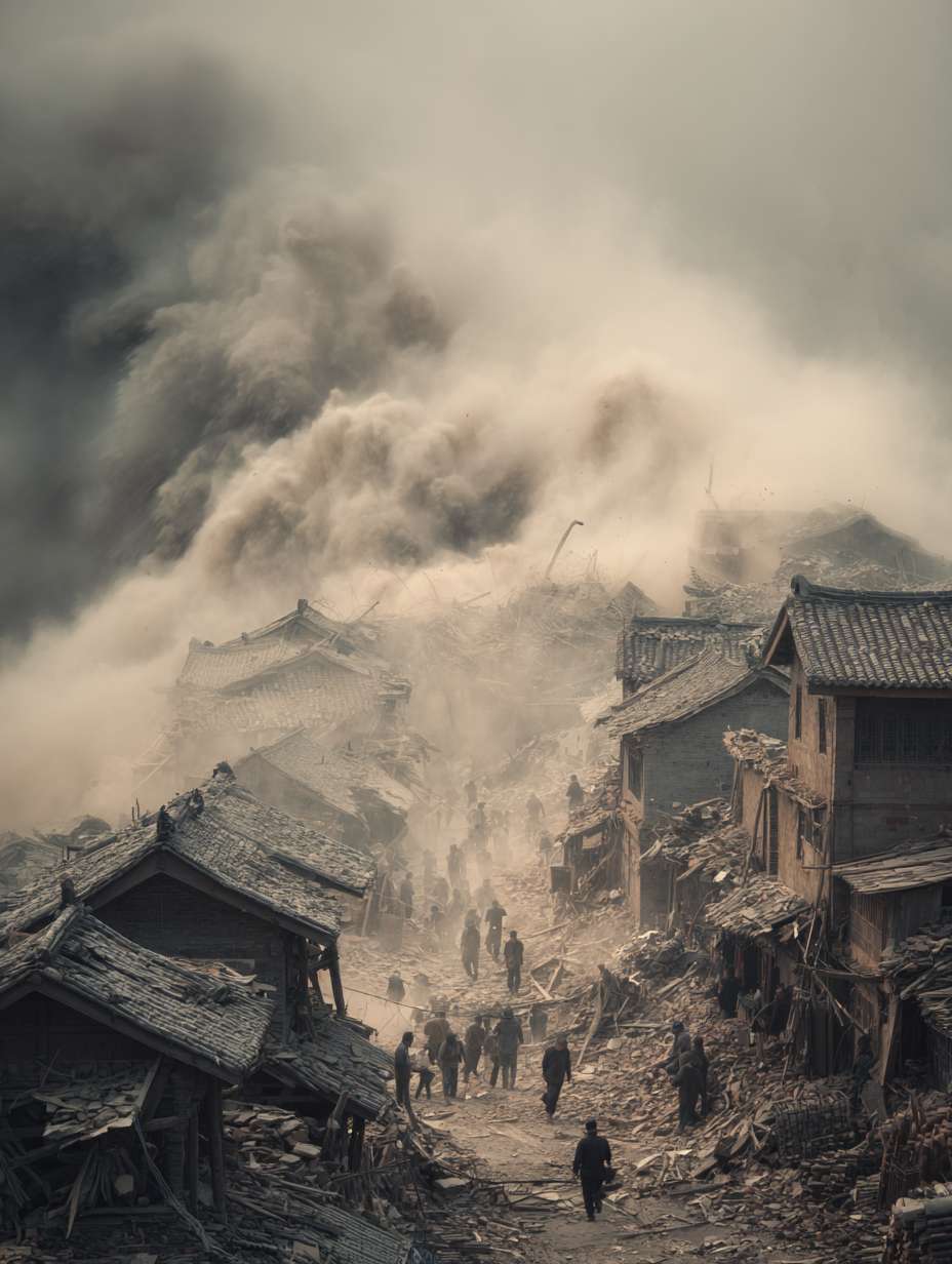 宋代地震灾难场景，房屋倒塌，尘土飞扬，居民惊慌逃跑，中国传统建筑结构损坏特写，灾难性氛围，灰黄色调，动态模糊效果 --ar 3:4 --v 7 --stylize 100 --fast --no 水印