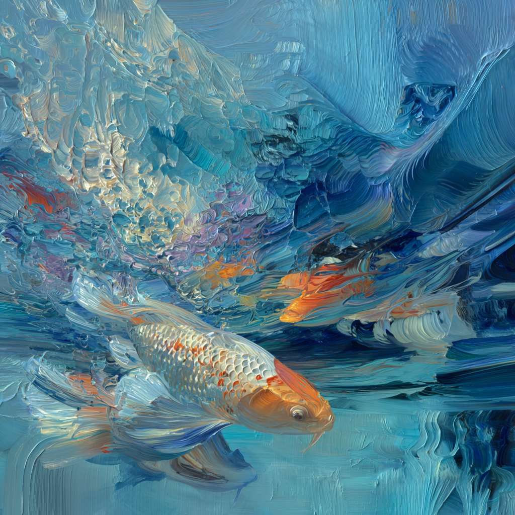 Surreal blue aquarium with dynamic koi and refracted light, bold strokes for waves, delicate strokes for scales, abstract energy. --ar 1:1 --v 7 --stylize 100 --fast