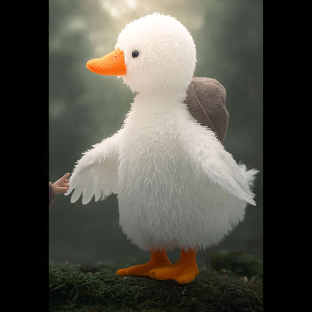 https://img-xpc-mj0.xpccdn.com/prod/upload/6142d541-9b9c-4c57-8e6b-ad78daa441dd/ME1753784848498.png~tplv-5yakomv5zn-auto-v1%3A1024%3A0%3Aq75.jpg 这幅图中有个少年和一个白色的鹅。少年和鹅差不多高，少年穿着全身的斗篷，侧面对着我，斗篷的帽子很大，看不到脸。鹅胖胖的，样子像上传图一样两小只面对面站着，鹅伸出自己的翅膀，少年也伸出自己的小手，翅膀和小手相碰。图的背景是一片森林，底部是布满青苔的石头，少部分会漏出石头本来的样式。从上空打下一束柔柔的光，光子漂浮着巨大的孢子 --ar 1:1 --v 7 --stylize 100 --fast --iw 1 --no 水印