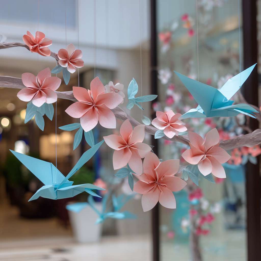 需要做一个立体海报，樱花形状，加入立体可旋转小风车，风车叶片为蒂芙尼蓝 --ar 1:1 --v 7 --stylize 100 --fast --no 水印