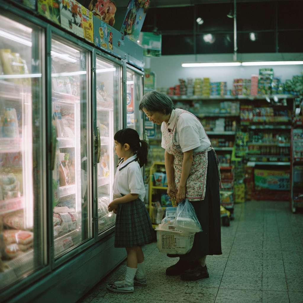 . 女孩、便利店老板娘
• 地点：清晨的便利店
• 事件：穿校服的女孩因钱不够在冰柜前犹豫，40 + 岁系围裙的老板娘察觉后，默默拿起一瓶热牛奶拧开递上，女孩接下牛奶。 --ar 1:1 --v 7 --stylize 100 --fast --no 水印