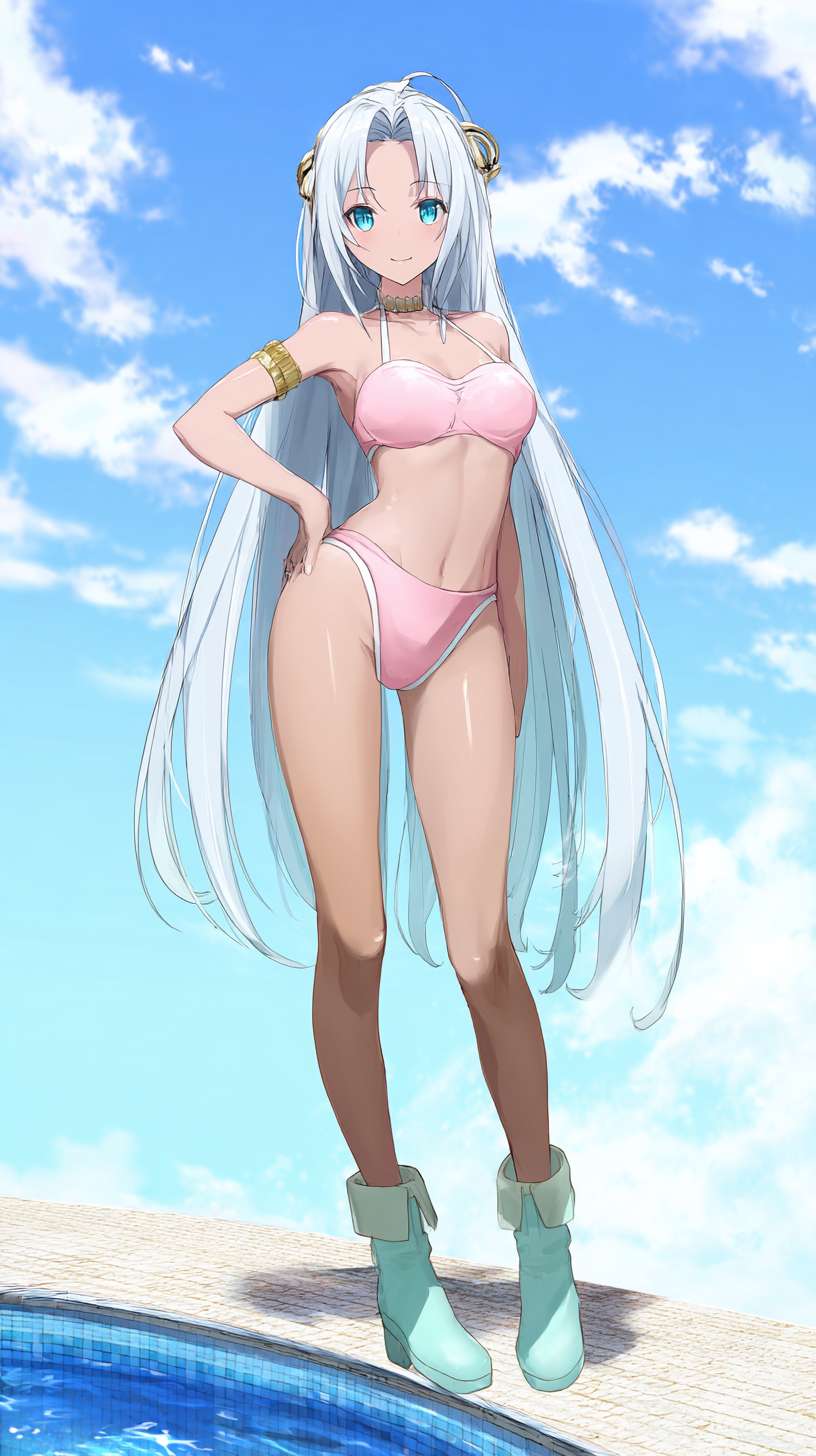 真人长发美少女，蓝色瞳孔，在泳池边穿着粉色比基尼，纤腰长腿，腿上穿着过膝的白色长袜，脚上穿浅绿色长靴，银色耳坠 --ar 9:16 --v 7 --stylize 100 --fast --no 水印