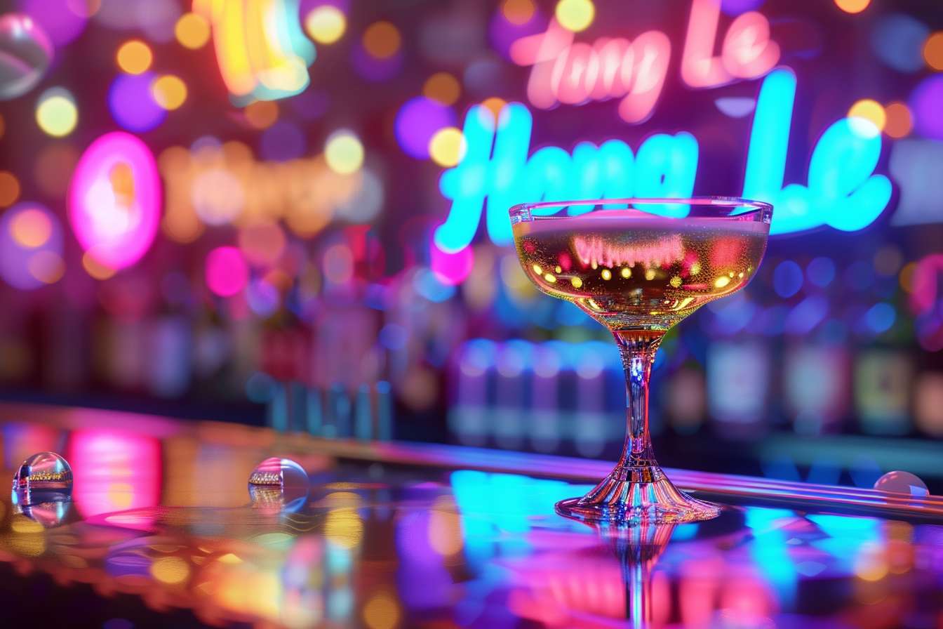 Prompt: modern bar grand opening poster, luxurious gold cocktail glass floating in center, neon blue and purple galaxy background, blurred city nightscape with glowing bar sign "鸿乐", cinematic lighting, bokeh effects, vibrant beer bubbles, abstract light trails, elegant nightlife atmosphere, ultra-detailed 8k --ar 3:2 --v 6.0 --style raw --stylize 100 --fast