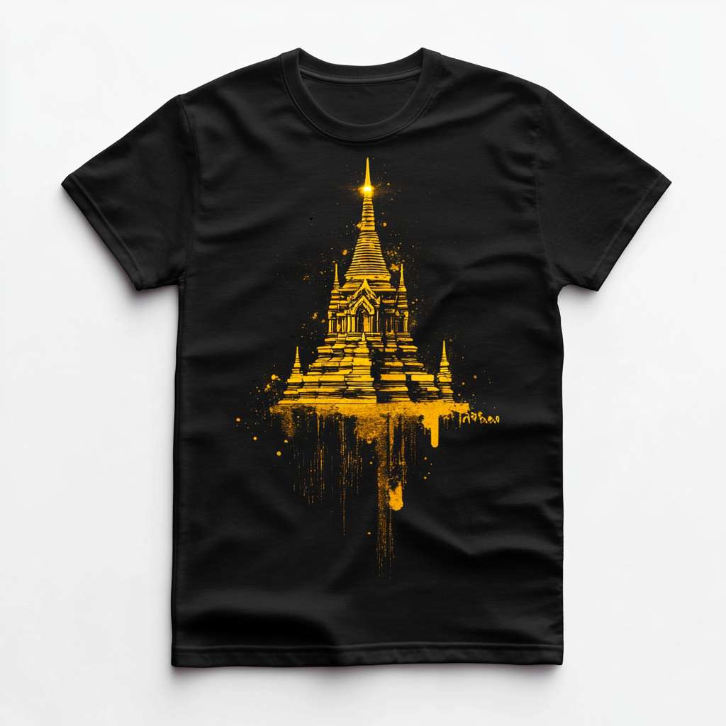 Black T-shirt Thai culture,  Glowing Pali text, Geometric temple silhouette, High contrast white background, Royal gold accents, Splatter ash texture, Commercial print-ready, Cultural streetwear, Thailand viral design --ar 1:1 --v 6.1 --stylize 100 --fast