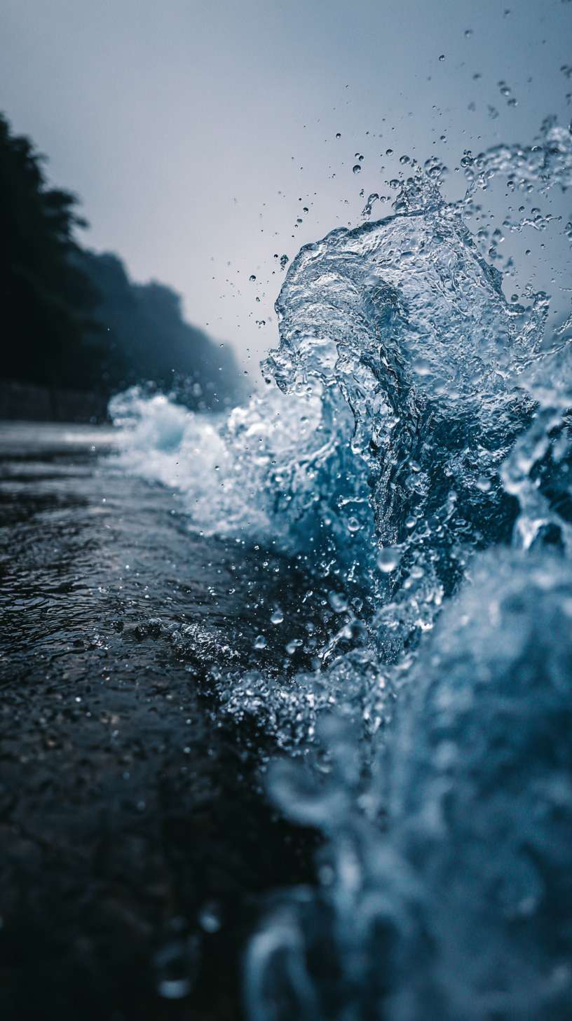 水花溅起。湖水流动荡漾，进入水花，来到尾帧图镜头快速 向前推进。瀑布流动，湖水荡漾。雾随风飘动 --ar 9:16 --v 7 --stylize 100 --fast --no 水印