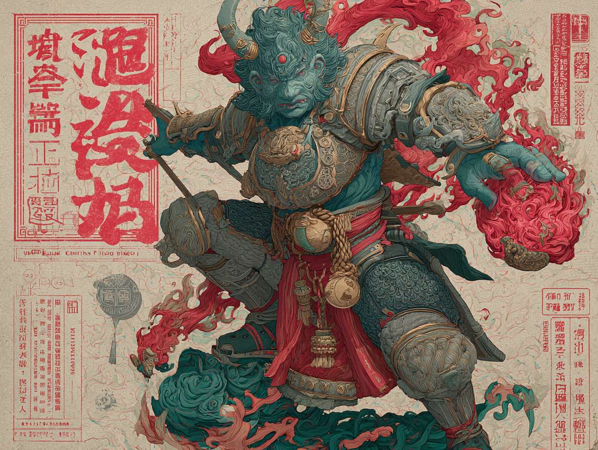 绘制三视图《哪吒重生》机械朋克风格，转世哪吒，桀骜，火焰特效 --ar 4:3 --v 7 --stylize 100 --fast --no 水印