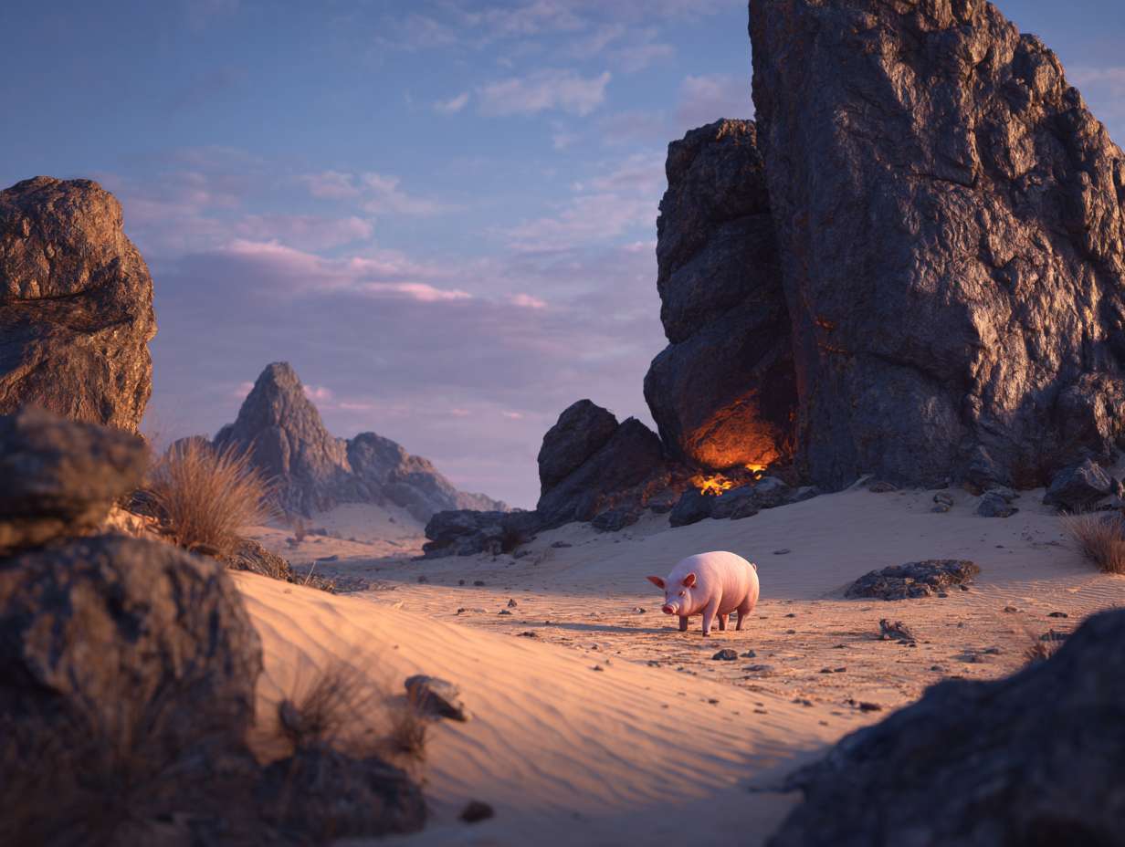 Photorealistic cinematic image，A pale pink pig in the middle of an extreme desert landscape with giant black rocks and orange pillows. There is fire on top of one rock, giving off warm light. The sky has a blue color. In front of it there's a large sand dune, film grain, hyper realistic photography, natural lighting, highly detailed photo. --ar 4:3 --v 7 --style raw --stylize 100 --fast