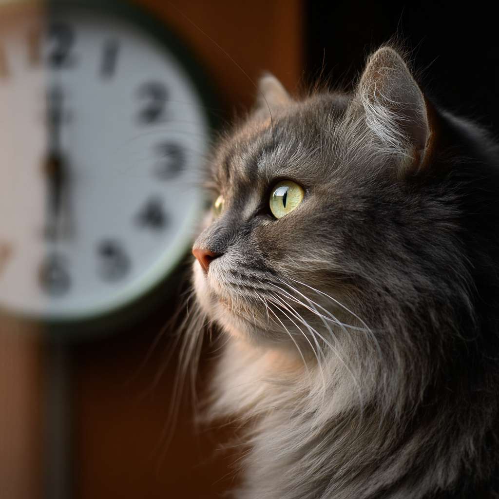 一只布偶猫，眼神呆滞地望着墙上的时钟，时钟指向5点，照片级真实感，4k，细节生动，滑稽可爱 --ar 1:1 --v 7 --stylize 100 --fast --no 水印