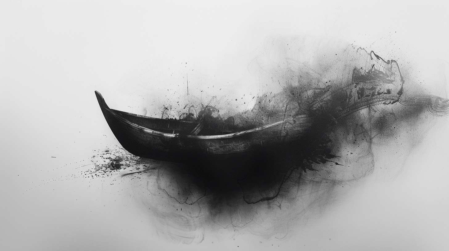Abstract ink wash showing boat shape formed by negative space, swirling mist creates yin-yang illusion, no text, monochrome --ar 16:9 --v 6 --stylize 100 --fast