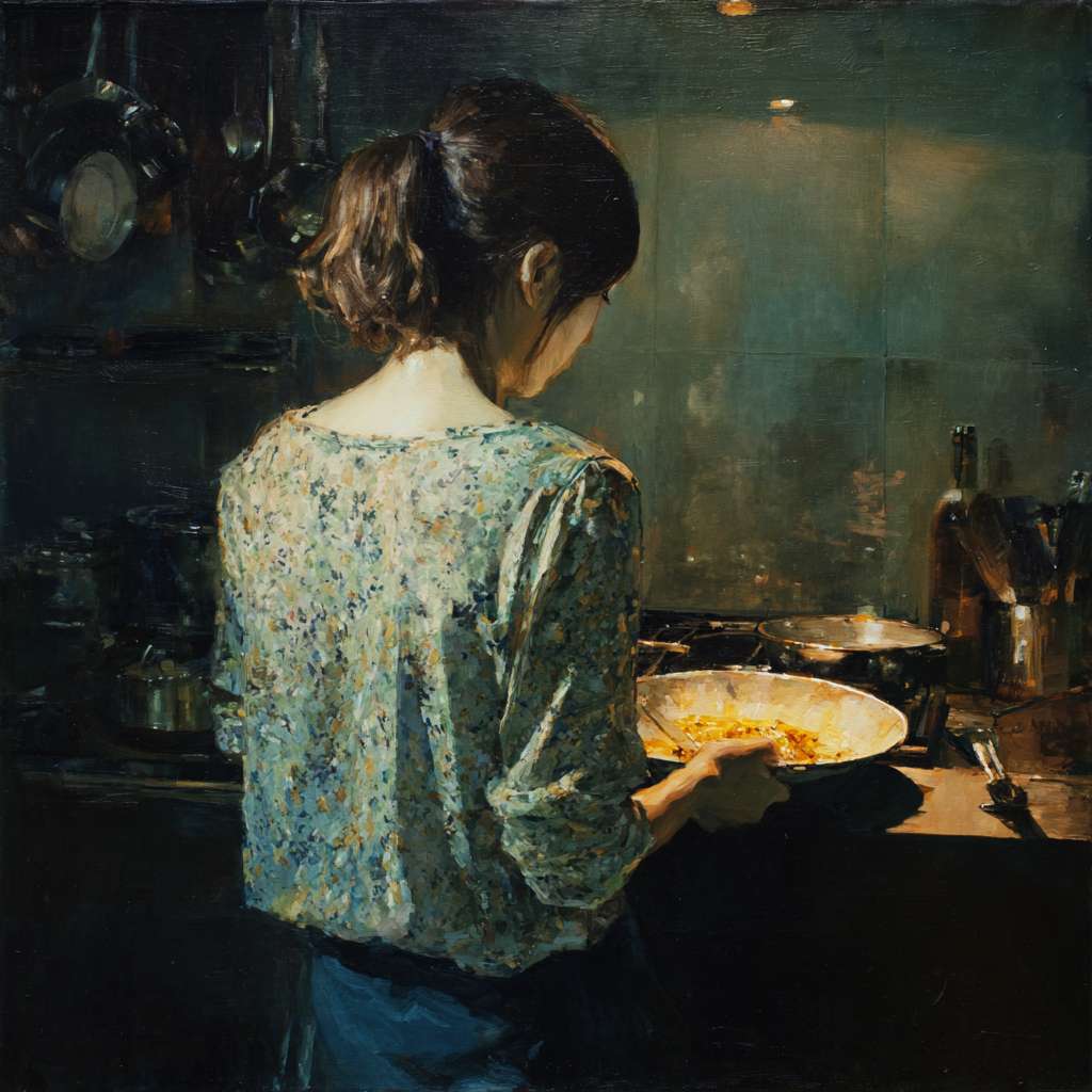 有个人在画面的右侧背对斜向左边45度角，双手拿着一个盘子，画面只显示背部和手部，厨房场景灯光从左上角照射到人 --ar 1:1 --v 7 --stylize 100 --fast --no 水印