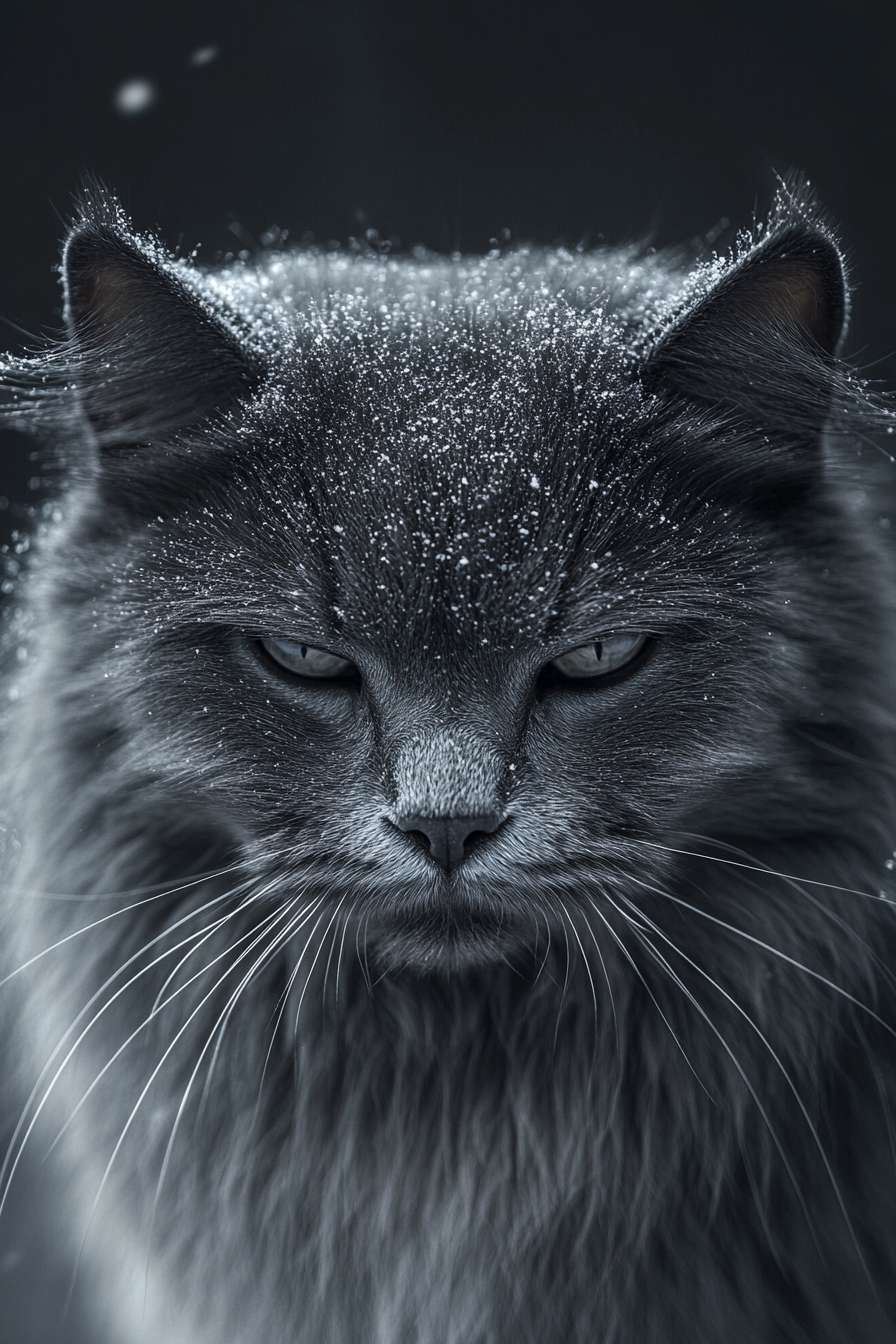 Studio-quality portrait of a rare Jianzhou cat in a snowstorm, close-up shot, symmetrical face, fluffy fur with ice crystals, ethereal winter glow, Fujifilm GFX 100S, 110mm f/2 lens, f/1.4 aperture, Hasselblad natural color grading, National Geographic style, award-winning photography, ultra-realistic, intricate details, frosty breath visible. --ar 2:3 --v 6.1 --stylize 100 --fast