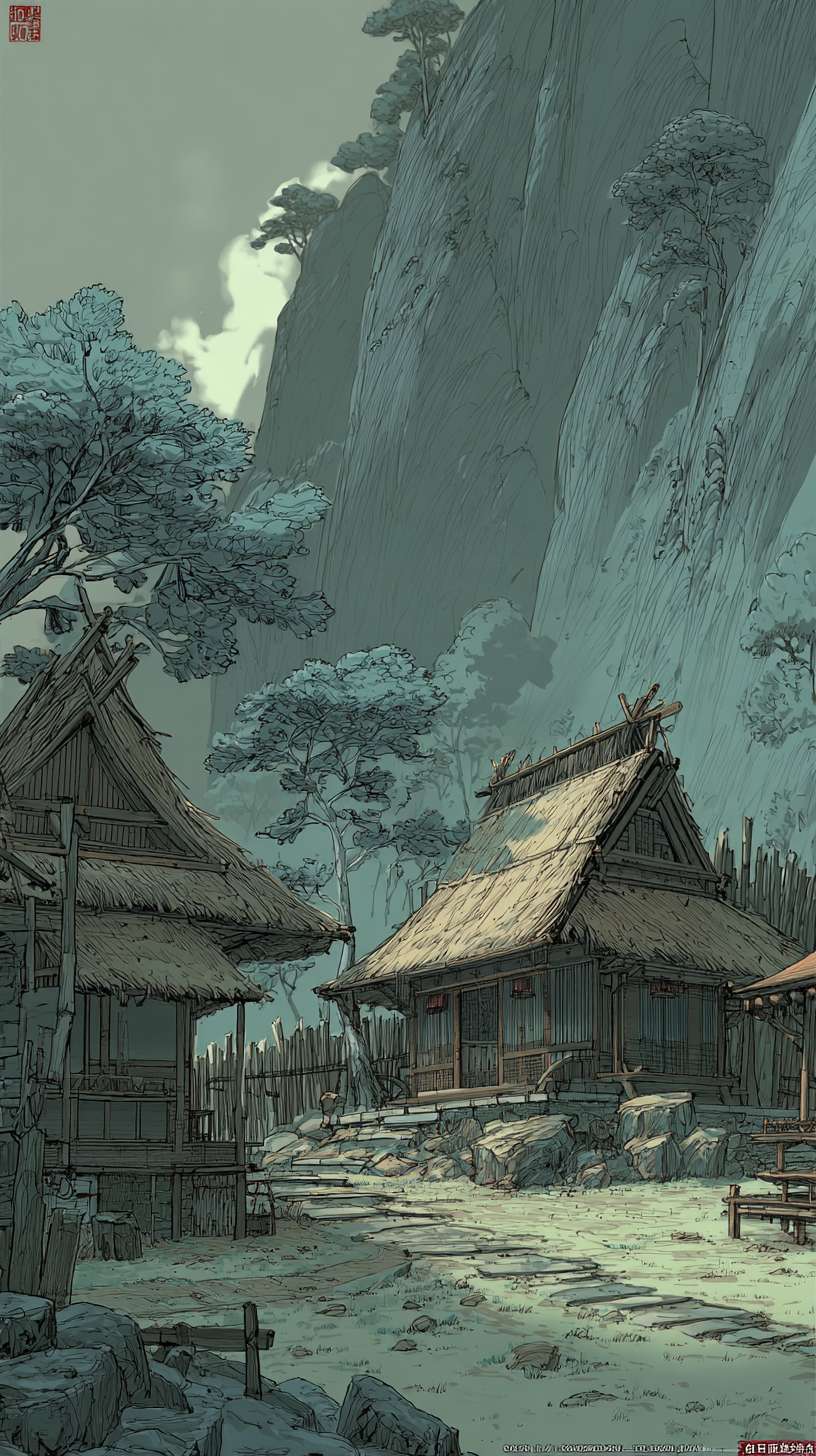 新手村
750x1334px
构图:竖版全景,下方 2/3 为村落(3-4 间茅屋、竹篱笆、石板路),上方 1/3 为远山(层峦叠嶂)核心元素:- 茅屋:稻草屋顶(焦墨点画)、竹木结构(淡墨线条)- 炊烟:淡墨留白,呈 “S” 形飘散- 点缀:村口老槐树(浓墨枝干、淡墨树叶)、田埂小路
主色调:灰蓝色(R150-170, G160-180, B180-200)辅助色:- 屋顶稻草:暖灰色(R160-170, G150-160, B130-140)- 树叶:淡绿色(R140-150, G160-170, B130-140)统一适配:灰蓝色与其他场景主色调明度对齐(保持 30%-85% 区间)
1. 炊烟用 “淡墨晕染 + 留白” 技法,与竹林的薄雾笔触一致2. 茅屋线条粗细与武馆的木架线条保持统一3. 远山墨色层次与山间小路的云海层次一致 --ar 9:16 --v 7 --stylize 100 --fast --no 水印