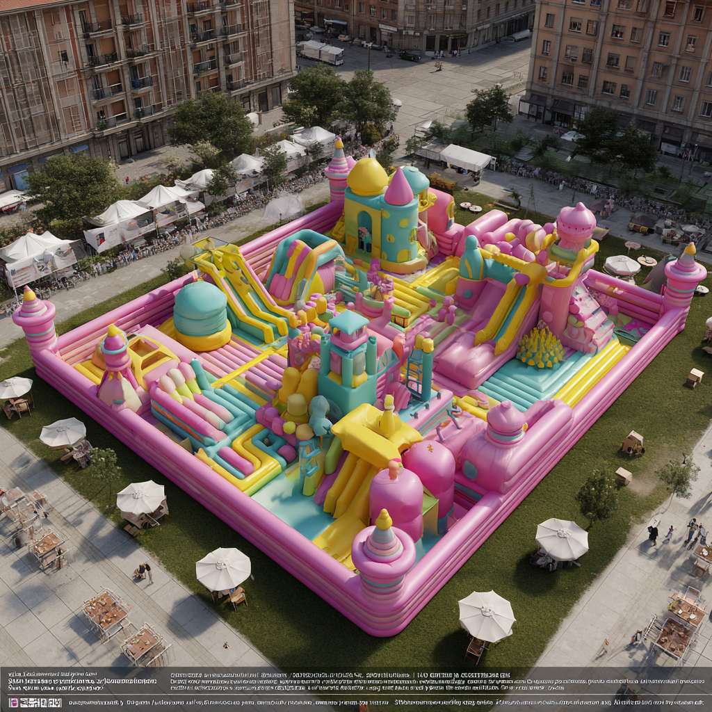 “Realistic 3D rendering of a large colorful inflatable playground, aerial view, vibrant color palette with pink, yellow, green, blue. Multi - themed play structures like slides, climbing areas, castle shapes. Set on outdoor grassy ground, surrounded by buildings, with small human figures and leisure areas (umbrellas, tables) for scale. Family - friendly, high detail, bright daylight” --ar 1:1 --v 7 --stylize 100 --fast