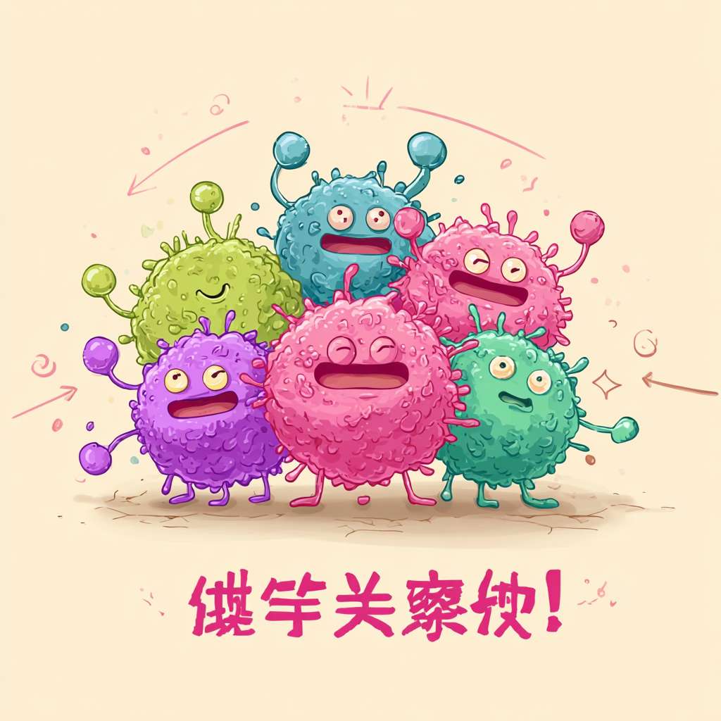 简笔画：周围有 5 个迷你干细胞，分化箭头又粗又亮，功能细胞们都睁着圆眼睛笑，下方配字：“年轻力壮：数量多，超能干！ --ar 1:1 --v 7 --stylize 100 --fast --no 水印