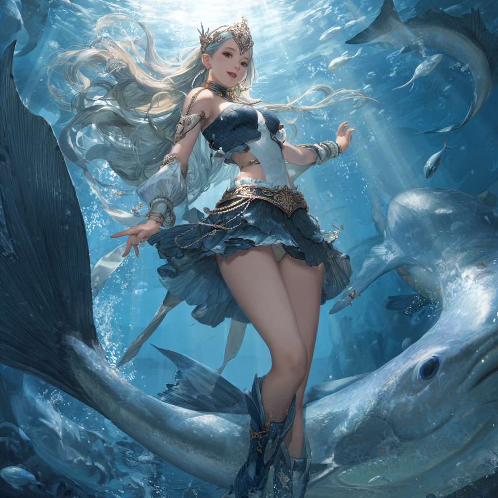 长发美少女，穿着脚蹼在大海中畅游，身边有大型的鱼类。 --ar 1:1 --v 7 --stylize 100 --fast --no 水印