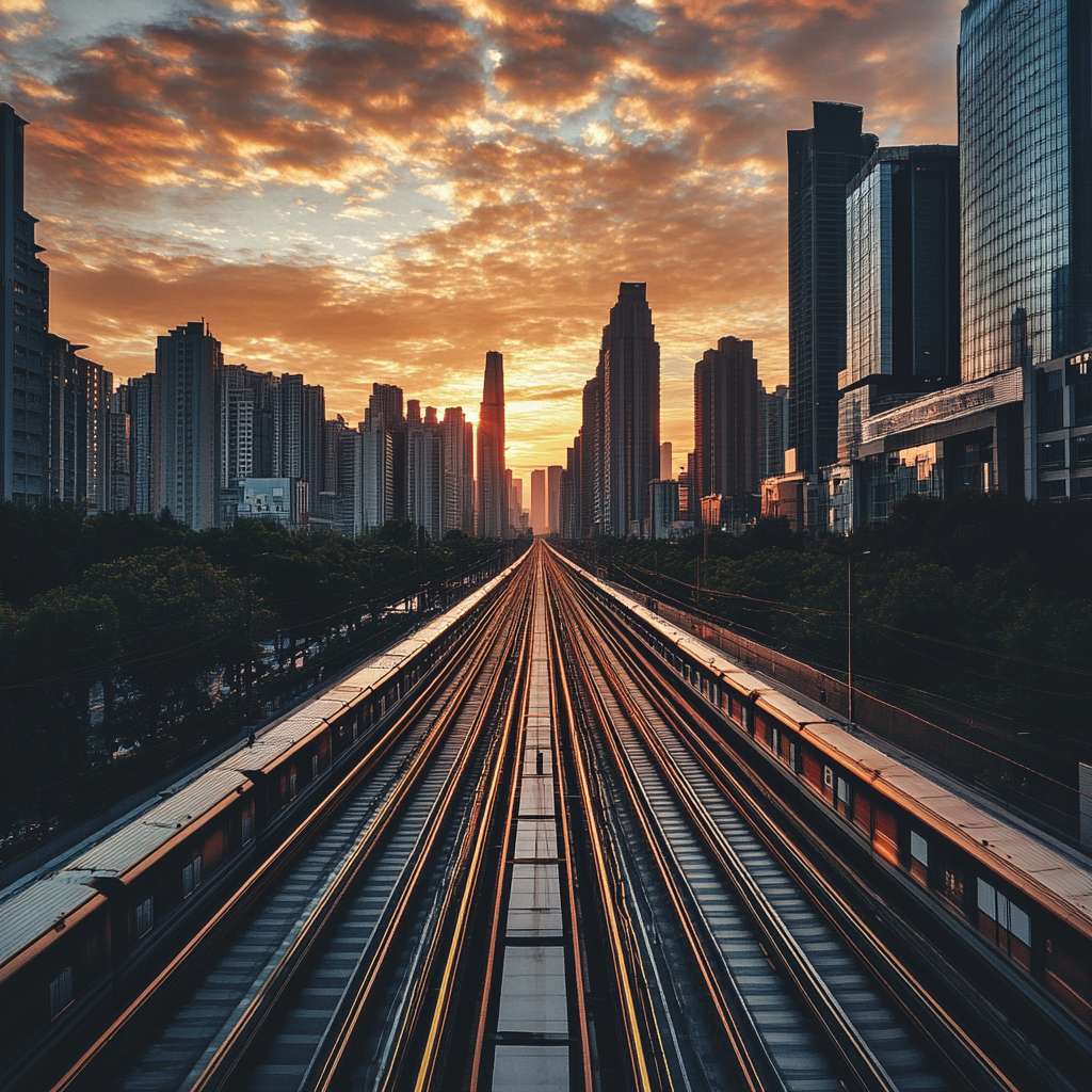 我需要做一个城市轨道交通综合安全的项目，配图是城市轨道交通运行环境的全景图片，我这里有一个铁路的图片，帮我做一个类似的城市轨道交通领域的 --ar 1:1 --v 6.1 --stylize 100 --fast