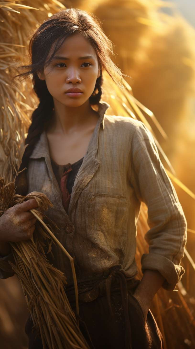 masterpiece, 8k, hyperrealistic photo of a modern rural woman standing in a golden rice paddy, holding a bundle of ripe rice stalks in her hands, wearing loose cotton shirt and muddy work gloves, detailed weathered skin texture, morning mist with dewdrops on rice ears, natural soft backlighting from low-angle sunlight, shallow depth of field with blurred background, dynamic motion blur on swaying rice stems, cinematic composition, Fujifilm GFX 100s medium format camera, f/1.4 aperture, 85mm lens, ISO 100, award-winning photography --ar 9:16 --v 5.2 --stylize 100 --fast