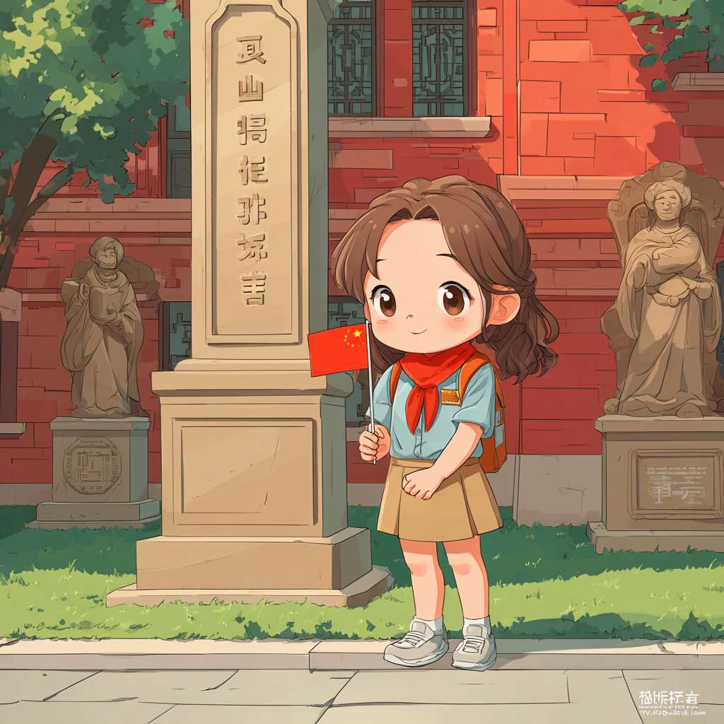 Cartoon style, a young girl in school uniform (light blue shirt, red scarf, khaki skirt, white shoes) holding a small Chinese flag, standing in front of the "中央秘书处旧址纪念馆" stele. Behind her: simplified bronze - style statues with rounded edges and warm brown tones, a red - brick building with cartoon - like architectural details, lush green grass, and light - colored stone pavement. Keep the character proportions consistent with the original, use bright and vibrant colors, smooth shading, and soft outlines. --ar 1:1 --v 7 --stylize 100 --fast --no 水印