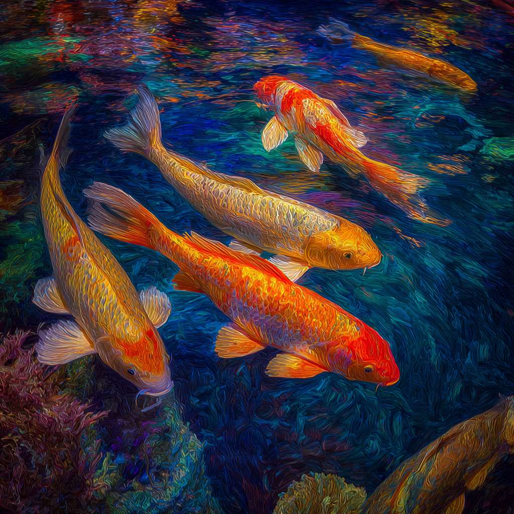 Vibrant underwater scene: blue water, 五彩光影，and dynamic koi, 粗笔触 for texture, 细笔触 for agility, abstract. --ar 1:1 --v 7 --stylize 100 --fast --no 水印