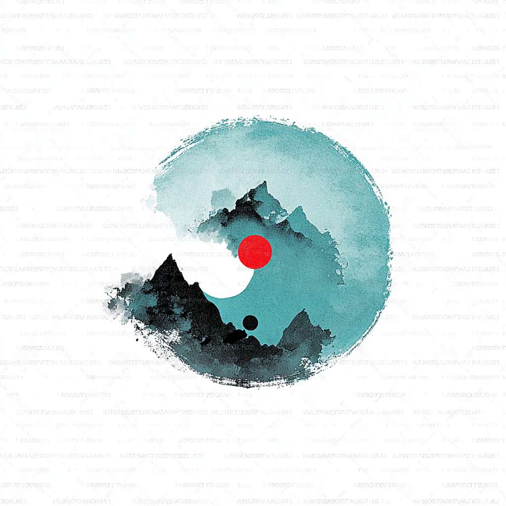 "Circular logo, a minimalist ink-wash Tai Chi symbol in cyan and black, surrounded by faint mountain silhouettes, red dot in Tai Chi center, white background, Chinese Zen style, clean and serene, no text, high resolution, vector style" --ar 1:1 --v 7 --stylize 100 --fast