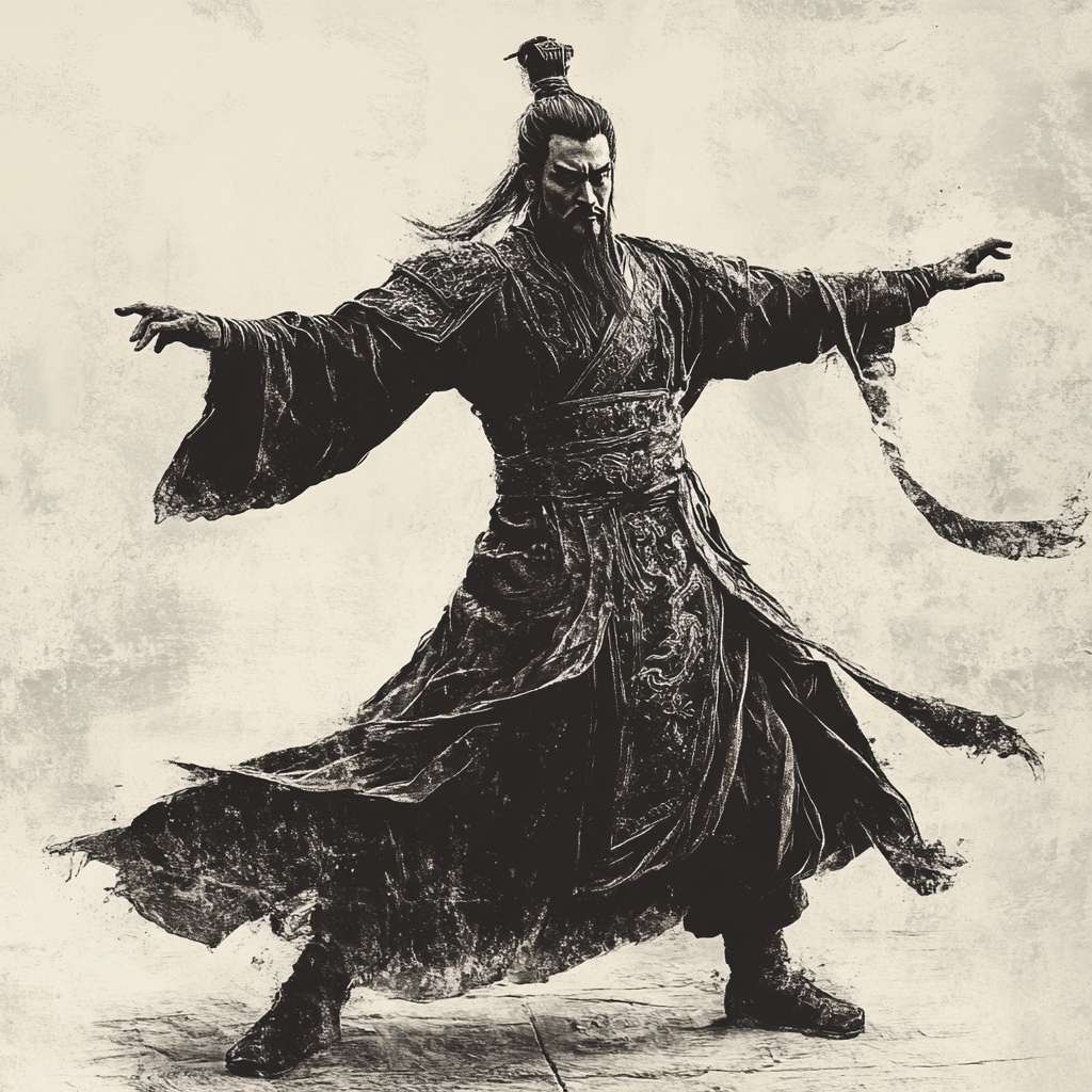 主题：史上最逆袭帝王（中国汉朝帝王） 风格：水墨
细节：这位帝王身姿神秘侧身，动作夸张，霸气，立于洁净地板，背景清爽，以写真风格呈现，便于抠图。 ，比例 「9:16」黑暗效果 --ar 1:1 --v 6.1 --stylize 100 --fast