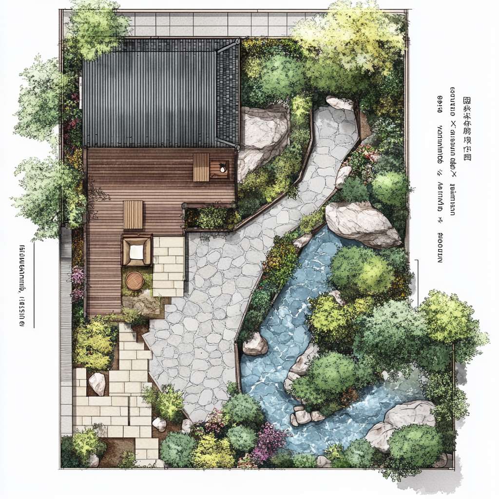 请根据以下描述生成一个建筑平面图。一、庭院功能分区与动线规划
1. 前院(迎宾景观区)
尺寸:4m×8m(靠近主入口)
核心元素:
中式门廊:悬挑1.5m宽灰瓦檐廊,地面铺青石板,设木质长凳供休憩。
曲径通幽:鹅卵石拼花小径(宽0.8m)蜿蜒至入口,两侧种植修水本地毛竹、蕨类。
水景点睛:利用小溪活水引入小型叠水景(宽1m×长2m),配石磨盘流水装置。
2. 侧院(实用功能区)
功能复合:
农具收纳:竹篱笆围合2m×3m工具间,顶部攀缘凌霄花遮阳。
晾晒区:防腐木平台(3m×3m),配可收放晾衣绳。
3. 后院(私密休闲区)
设计要点:
亲水平台:防腐木搭建挑台(4m×3m)延伸至溪边,设固定藤编桌椅。
生态菜园:阶梯式种植箱(1.2m高,方便老人操作),种植辣椒、薄荷等易打理作物。
夜景观赏:沿溪悬挂竹编灯笼,安装太阳能草坪灯(色温2700K暖光)。
二、中式美学细节设计
元素 实现方式 成本控制技巧
围墙 1.2m高青砖基座+上部竹格栅(间距15cm) 基座用本地红砖刷青灰漆,节省30%成本
地面铺装 60%青石板(主径)+30%砾石(排水带)+10%防腐木(平台) 砾石层下铺土工布防杂草
植物搭配 上层:桂花(香氛)+ 红枫(秋色)
中层:南天竹+芭蕉
下层:麦冬+矾根 选择2-3年生苗木,本地采购降低运费
小品装饰 旧石槽改荷花池、陶罐组合盆景、仿古拴马石 利用老物件再造景,文化感强且低成本
三、气候适应性设计
防潮排水
地面整体坡度3%向小溪方向倾斜,砾石排水沟沿建筑周边设置。
亲水平台底部架空10cm,采用菠萝格防腐木(耐湿性优于杉木)。
夏季遮阳
廊架顶部覆盖50%透光率的竹编遮阳板,搭配紫藤、葡萄等攀缘植物。
东西侧种植常绿女贞树篱(高2.5m),阻挡午后西晒。
冬季防风
北侧用木槿+珊瑚树混植绿篱(密度0.8m/株),降低冷风侵袭。
休息区设可拆卸透明防风帘(亚克力板+木框),冬季临时加装。
四、适老化安全设计
无障碍通行:所有通道宽度≥1m,无台阶设计,门槛高差<1cm。
防滑处理:青石板表面做荔枝面处理(摩擦系数≥0.6),木平台加防滑凹槽。
应急便利:
休憩区每10m设一键呼叫按钮(直连老人房报警器)。
夜间路径灯带嵌入地面(照度50-100lux),自动感应启动。
五、成本优化方案(预算3-5万元)
项目 推荐做法 单价参考
硬质铺装 本地青石板(60元/㎡)+ 砾石(30元/㎡) 1.2万元(约200㎡)
木作 菠萝格防腐木平台(350元/㎡) 1.5万元(40㎡)
绿化 本地苗木+自播草花 0.8万元(含土壤改良)
水景 小型循环水泵+旧石槽改造 0.3万元
照明 太阳能庭院灯+LED灯带 0.4万元
六、四季景观搭配建议
季节 观赏焦点 植物选择
春 入口紫藤花廊 紫藤、杜鹃、迎春
夏 荷池与芭蕉听雨 荷花、芭蕉、茉莉
秋 红枫与桂花香径 红枫、桂花、菊花
冬 竹石景观与常绿树 毛竹、南天竹、茶梅
七、施工注意事项
管线预埋:庭院照明线路穿PVC管埋深≥40cm,预留智能灌溉接口。
植被养护:芭蕉、竹子等根系发达植物需距建筑基础≥2m。
生态保护:溪边保留1m原生植被缓冲带,防止水土流失。
效果示意:
日景:白墙黛瓦掩映竹影,青石小径蜿蜒至溪边,木平台上老人闲坐品茶。
夜景:竹灯笼暖光映照水面,麦冬草间的萤火虫灯星星点点,宛如水墨画卷。
通过功能复合、在地材料利用和精细化适老设计,可在有限预算内实现“观景、务农、休闲”三合一的舒适庭院。 --ar 1:1 --v 6.1 --stylize 100 --fast