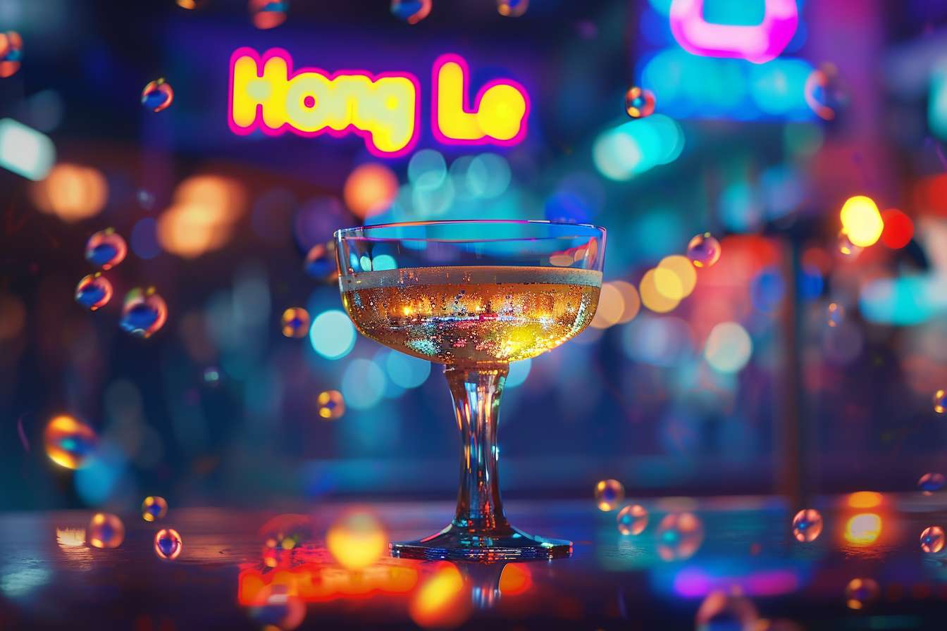 Prompt: modern bar grand opening poster, luxurious gold cocktail glass floating in center, neon blue and purple galaxy background, blurred city nightscape with glowing bar sign "鸿乐", cinematic lighting, bokeh effects, vibrant beer bubbles, abstract light trails, elegant nightlife atmosphere, ultra-detailed 8k --ar 3:2 --v 6.0 --style raw --stylize 100 --fast