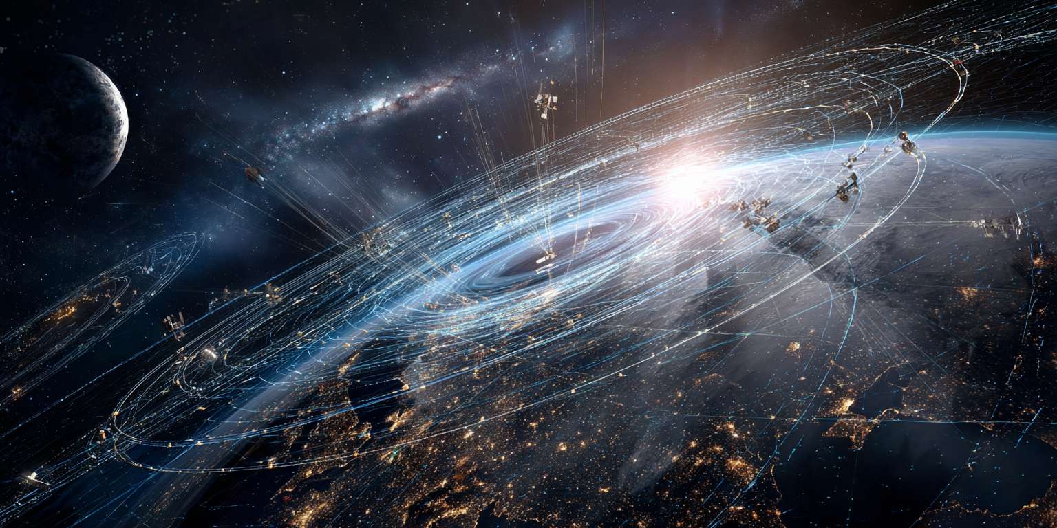 在浩瀚宇宙中有黑洞，星宇，各种星系天体，在这个画面中地球是最进的画面，显得非常科技风，地球外卖呢环绕好多物联网科技风虚线路，有高端高级 --ar 2:1 --v 7 --stylize 100 --fast --no 水印