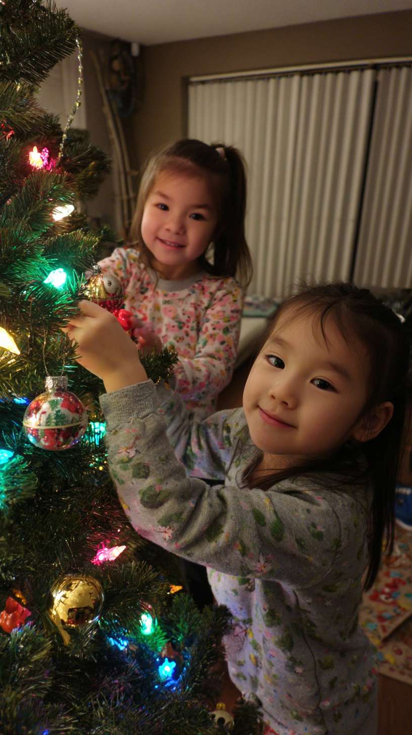 2圣诞树顶挂星星，妈妈托举孩子，树身缠绕彩灯，地面有未挂的袜子装饰，镜头从下往上推，温馨写实风 --ar 9:16 --v 7 --stylize 100 --fast --no 水印