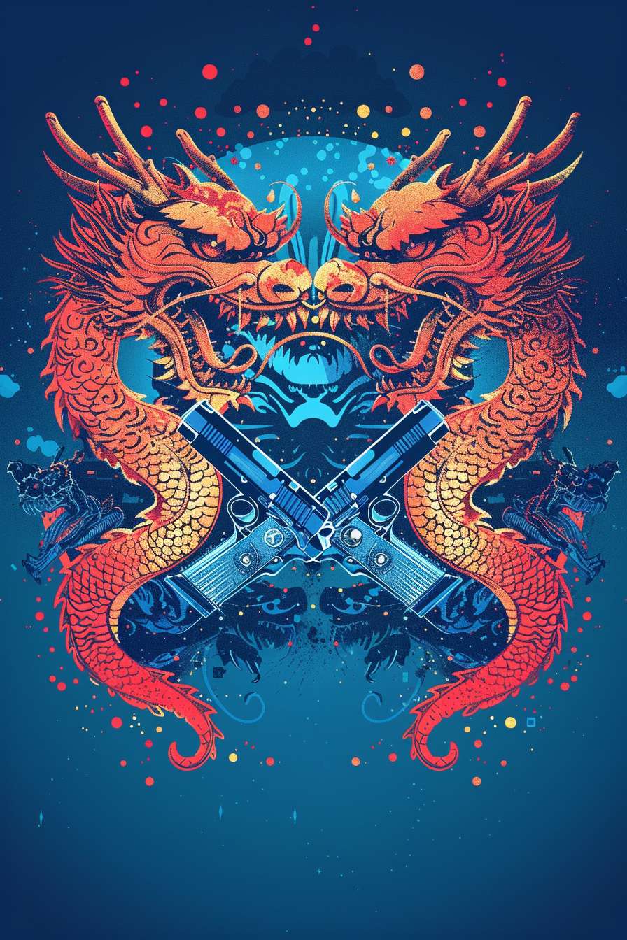 ### **命令1:核心图腾对撞版**(适合前胸大图)
```prompt
T-shirt design front, Chinese dragon king and Thailand naga snake facing each other, crossed IPSC pistols between them, blue cyan gradient background with glowing particles, silk screen print style, flat vector illustration, bold outlines, cultural fusion art --ar 2:3 --v 6 --style raw --stylize 100 --fast
