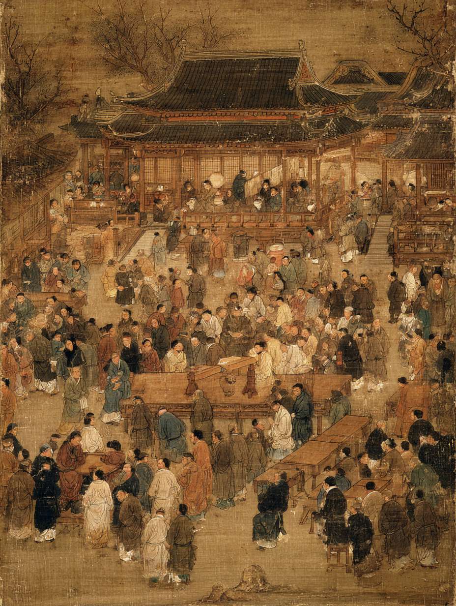宋代酒肆、蹴鞠场和说书场同时发生冲突，人群混乱，桌椅损坏，宋代市井文化表现，动态构图，棕色调 --ar 3:4 --v 7 --stylize 100 --fast --no 水印