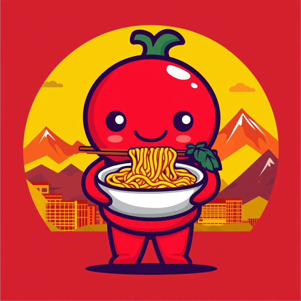logo for a noodle shop, cute chili mascot holding bowl of noodles, flat vector, red yellow palette, mountain city vibe --ar 1:1 --v 6.1 --quality 2 --stylize 100 --fast --no text