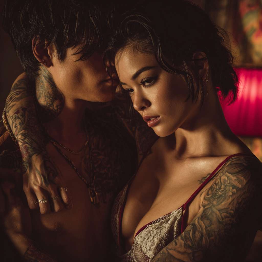 一个纹身帅哥，与一个清纯美女暧昧 --ar 1:1 --v 7 --stylize 100 --fast --no 水印