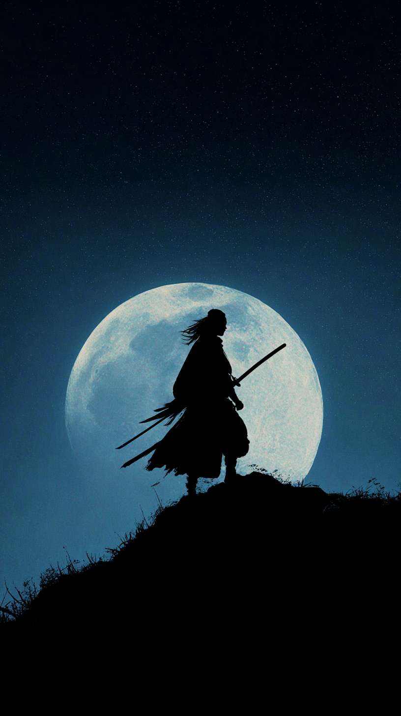 夜晚，长发剑客身背长剑站在山巅之上，映着很大的圆月，明亮的圆月中游过神龙的影子。剪影 --ar 9:16 --v 7 --stylize 100 --fast --no 水印