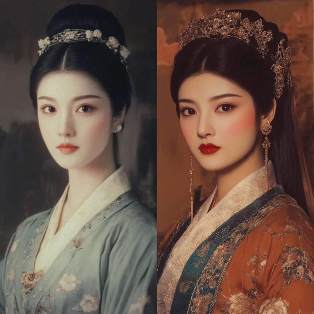 甄嬛前后对比（左：初入宫时素衣淡妆 / 右：封后时华服红唇，眼神凌厉） --ar 1:1 --v 6.1 --stylize 100 --fast