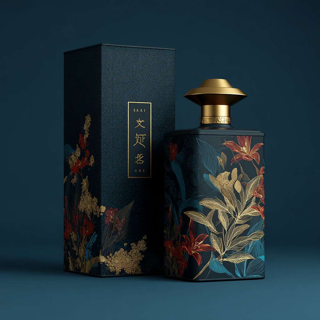 请绘制一个有磨砂质感的铁罐长方形，罐身为黑金色搭配，部分设计为洒黄精植物绘画图案，精美，色彩明亮，渲染为彩绘植物，颜色灵感来源自太阳光下的植物，包装名称酒黄精字体变形，适合整体包装设计，整体呈现质感而高档的色彩搭配。同时设计一个与罐子风格相匹配的高档质感的包装盒子，盒子大小适合放置此罐子，颜色与罐身相呼应，但适当加强质感及对比。以营造出去交感和空间感。请确保整个设计的渲染质量高，细节清晰，颜色饱满，以展示产品的高端质感。 --ar 1:1 --v 7 --stylize 100 --fast --no 水印
