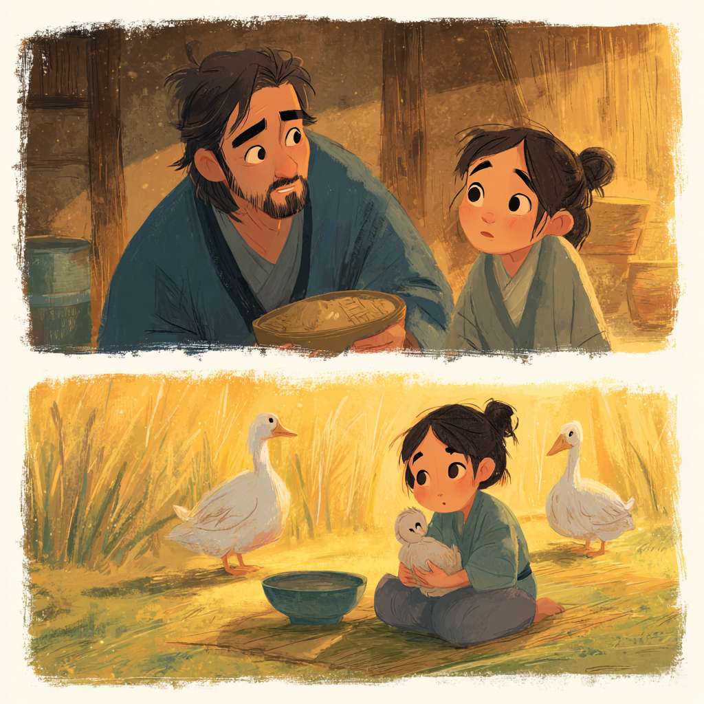 prompt
Double-register illustration in Tang Dynasty style. Upper register: Inside a rustic farmhouse hall, a man, John, in a blue布长衫 holds a bamboo basket containing a tiny, frail Wilbur. Young Fern, with tearful eyes and a pleading expression, tugs at her father's sleeve. Lower register: Fern sits on a grass mat in the meadow, cradling Wilbur on her lap, a ceramic feeding bowl beside her. In the background, several Tang-style white geese wander gracefully. The scene captures both drama and tenderness, Chinese storybook style, expressive figures, warm and soft lighting. --ar 1:1 --v 7 --stylize 100 --fast --no 水印