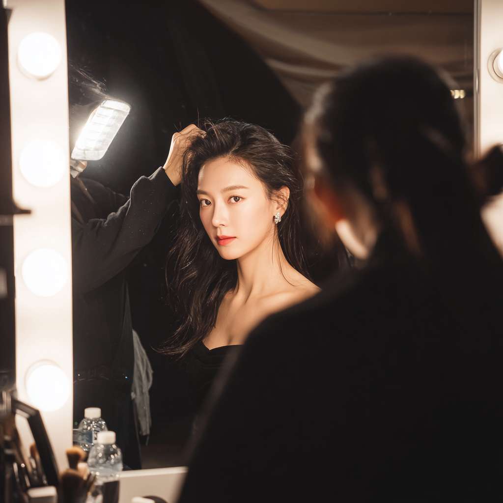 女演员在后台做头发造型，有化妆师在帮她补粉，她看着一面专业的灯光化妆镜，还有造型师帮她在弄头发，画面是一个暖色调，女演员背对着镜子，镜子反射出她的容貌 --ar 1:1 --v 7 --stylize 100 --fast --no 水印