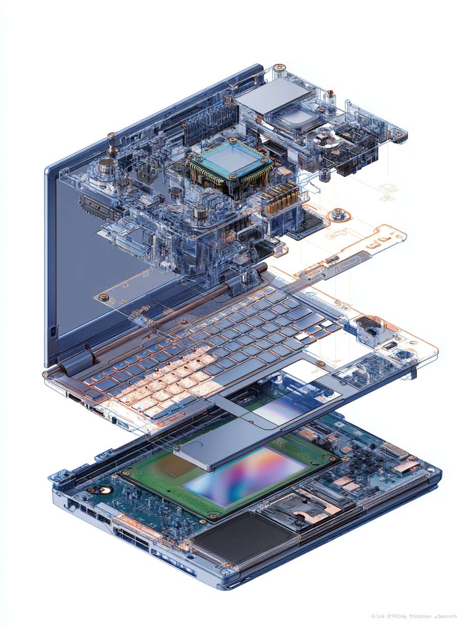 Ultra-detailed technical cutaway blueprint illustration of a high-performance laptop, dynamic wide-angle low-shot perspective. Main subject: a disassembled flagship ultrabook (ThinkPad X1 Carbon or MacBook Pro style), rendered in a realistic hand-drawn watercolor and technical ink style, isolated on a clean white background. The composition is an architectural exploded-view, with every component meticulously separated and floating in place, connected by precise thin leader lines.
Key Components in Detail:
Unibody Chassis: CNC-machined from aerospace-grade magnesium alloy, rendered in deep space gray with watercolor texture, showing nano-molded antenna lines.
Display Assembly: Multi-layer explosion: Corning Gorilla Glass DX cover, Mini-LED backlight layer with local dimming zones (zoomed detail), quantum dot enhancement film, 14.5-inch OLED panel with precise RGB diamond pixel arrangement, and ultra-thin metal backplate.
Main Logic Board: 8-layer high-density PCB in forest green with intricate circuit traces.
CPU: Flagship processor (Intel Core Ultra 9 / Apple M3 Max) with liquid metal thermal interface material.
GPU: Dedicated GPU chip (NVIDIA RTX 5000).
Power & Connectivity:
Multi-cell Li-Polymer Battery: Showing its long, multi-cell layout, labeled "<80Wh", highlighted in energy green.
Thunderbolt 4 / USB4 Ports: Showing the dense 24-pin internal connectors.
Composition & Style: Framed by a technical blueprint border with component callouts, material notes (e.g., Aluminium 6061, FR-4), and tolerances. Clean directional arrows and leader lines point to each component. Top-right corner features a hand-drawn color palette swatch: Deep Space Gray, PCB Green, Cooling Copper, Energy Green, Hydraulic Red, Silicon White. --ar 3:4 --v 7 --quality 2 --stylize 100 --fast --no blur,cartoon,abstract,messy