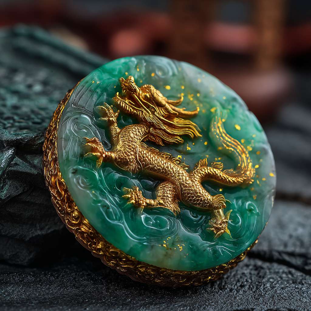 1. **主体造型**：圆形玉质徽章，直径约5cm，边缘有青铜镶边  
2. **核心图案**：中央浮雕一匹奔腾的骏马（参考汉代马踏飞燕的动感姿态）  
3. **材质质感**：  
   - 基底：翡翠绿色半透明玉石  
   - 镶边：古铜色金属，带有青铜锈迹  
   - 符文：金色能量线条在玉石内部流动  
4. **特效光效**：  
   - 马眼散发金色微光  
   - 符咒边缘有星尘般的光点飘散  
5. **背景建议**：  
   - 深色石质纹理（如古代祭坛）  
   - 底部飘散着青色灵气薄雾 --ar 1:1 --v 7 --stylize 100 --fast --no 水印
