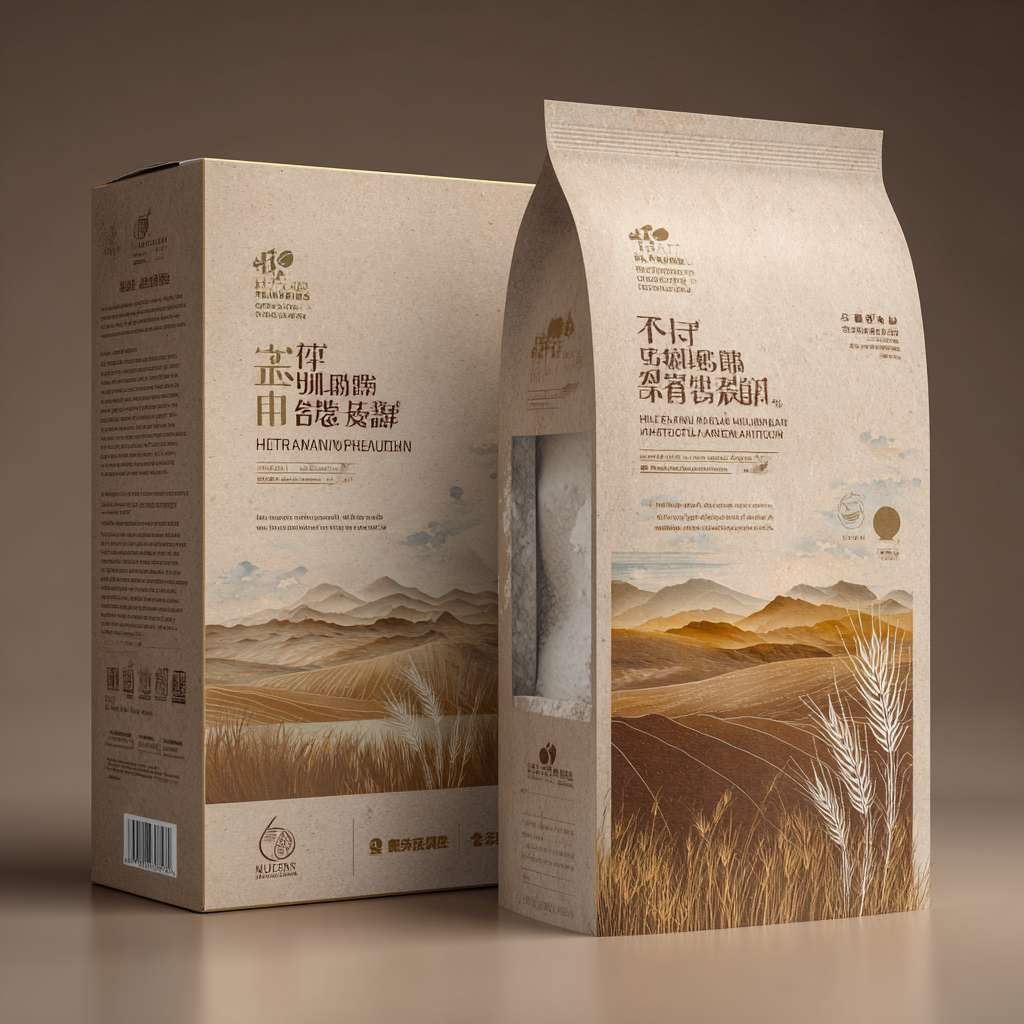 *“A premium 5kg wheat flour packaging, matte kraft paper box with gold foil stamping, transparent window showing white flour, hand-painted illustration of Inner Mongolia Hetao Plain wheat field with golden sunset and mountains, minimalist Chinese typography, earthy tone with luxury vibe, hyper-realistic product shot, studio lighting.”* --ar 1:1 --v 7 --stylize 100 --fast