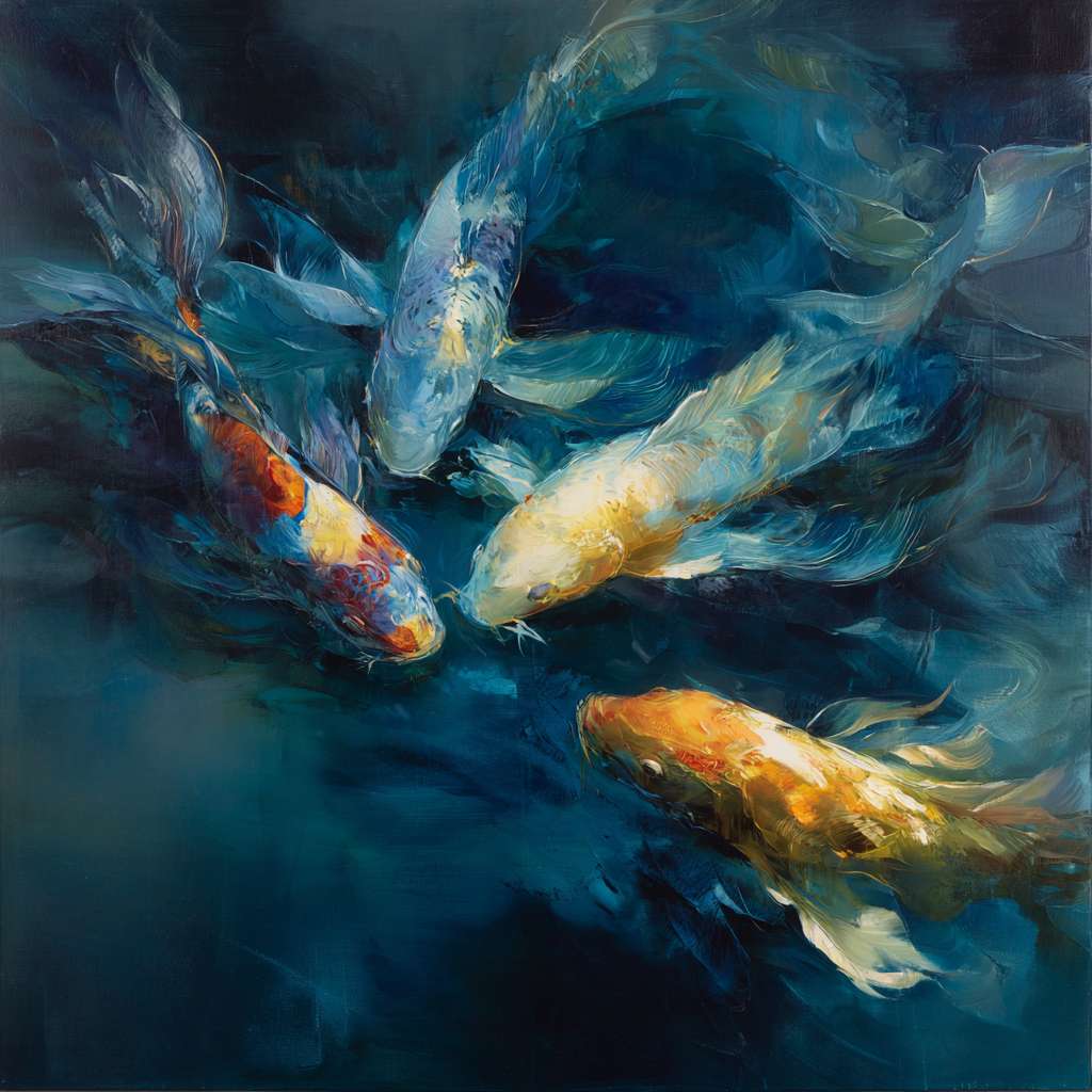 Dreamy depths in indigo blue, iridescent light and agile koi, expressive strokes for vitality, abstract. --ar 1:1 --v 7 --stylize 100 --fast