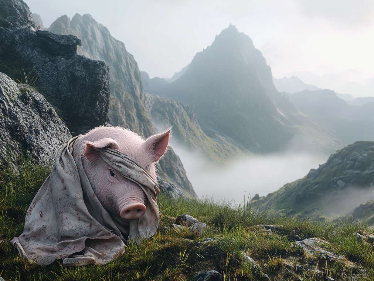 Photorealistic cinematic image，A pale pink pig on the grass next to the mountaintop, facing away from the camera,it also it's a scarf around it head, which is partially covering it face, giving her a mysterious look.Overall, these images convey a sense of desolation and grandeur, possibly telling a story about adventure, and emotional expressions all suggest that this may be a work with a strong narrative and visual impact,with a rocky mountain range behind it, and fog connecting the mountain range, full of warm colors and ultra high definition real materials，Ultra wide view shot， highly detailed photo. --ar 4:3 --v 6.1 --style raw --stylize 100 --fast